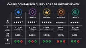 Casino comparison guide showing top 5 brands with ratings bonuses and game counts