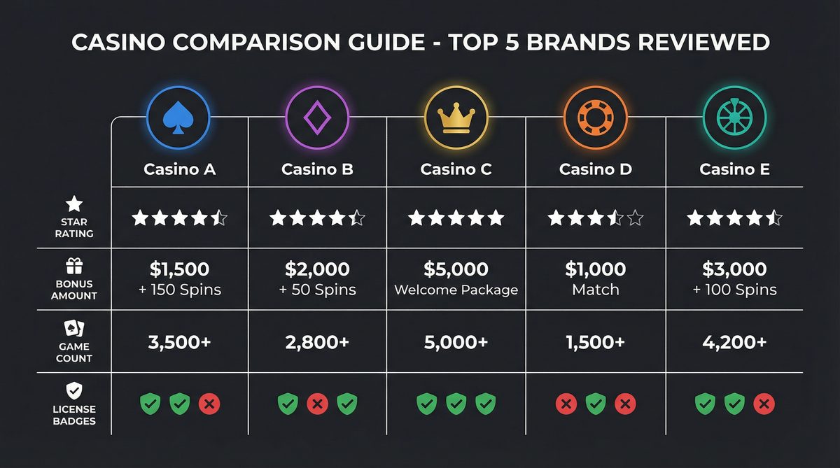 Casino comparison guide showing top 5 brands with ratings bonuses and game counts