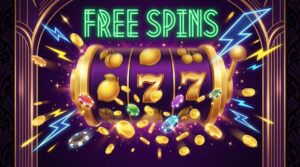Free spins casino bonus with spinning slot reels and gold coins explosion