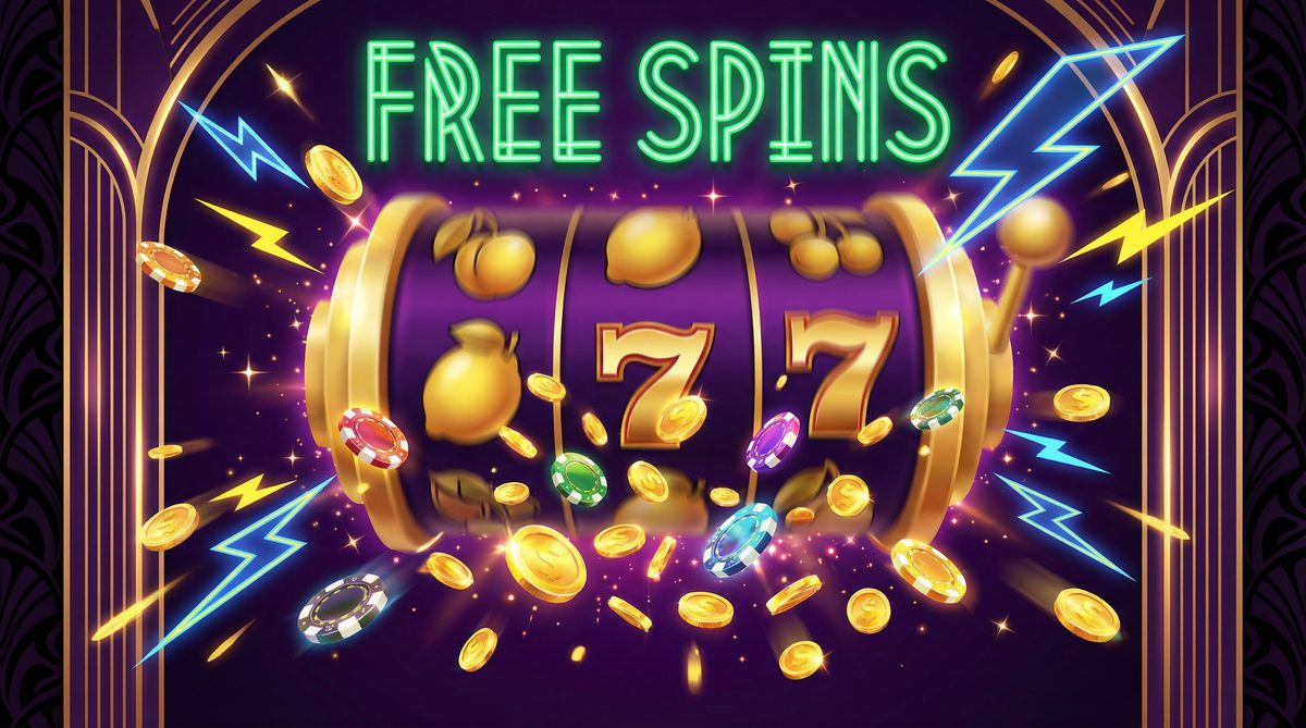 Free spins casino bonus with spinning slot reels and gold coins explosion