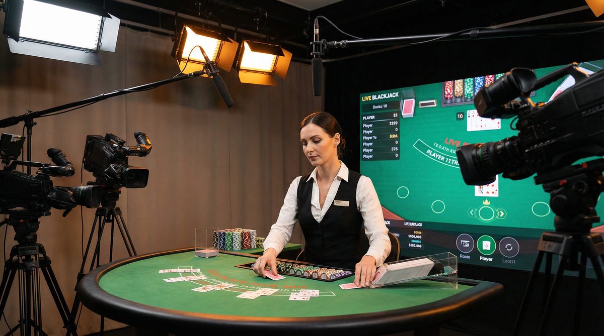 Live dealer blackjack casino with professional female dealer and green felt table