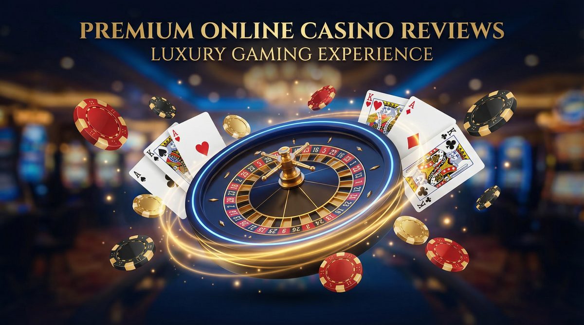 Professional online casino hero banner with roulette wheel poker chips and playing cards