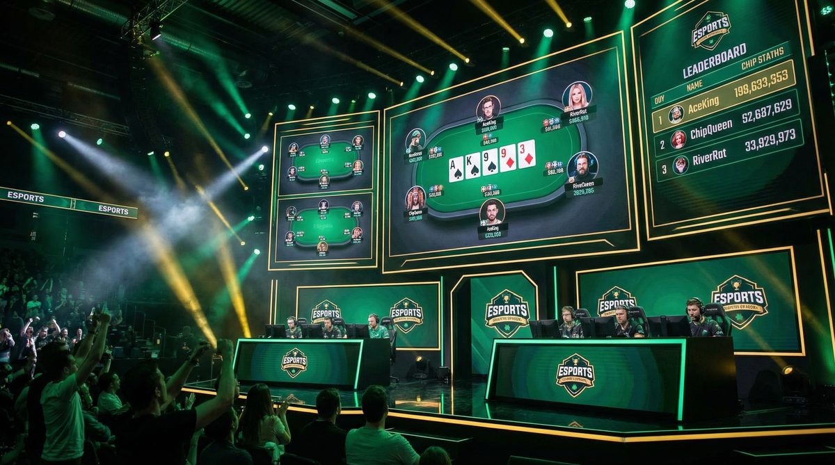 Online poker tournament esports scene with leaderboard and community cards