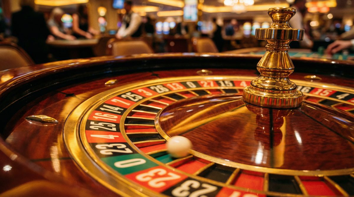 Close up European roulette wheel with ball spinning in casino